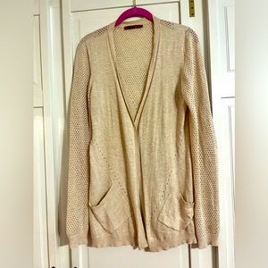 Gorgeous crochet look mid length linen cardigan